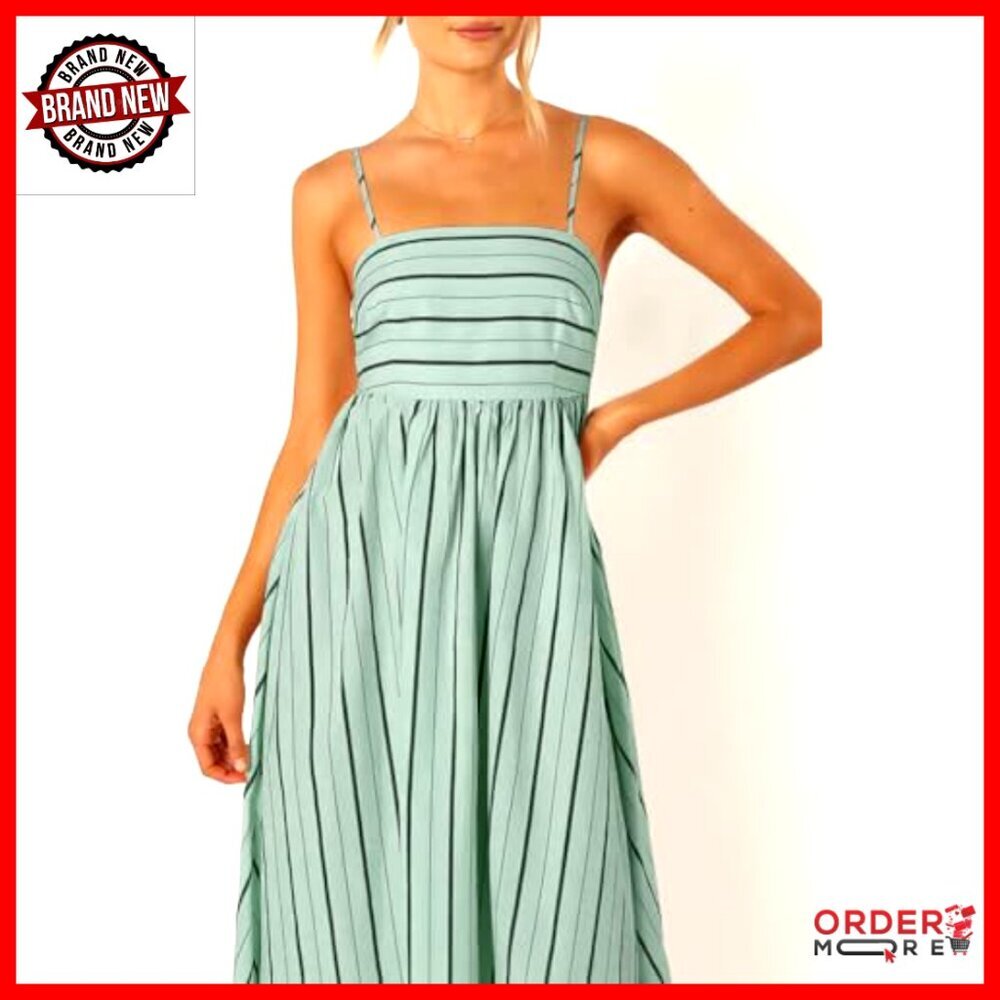 Striped Maxi Dress Smocked Back Cut Out Spaghetti Strap Flowy Swing Formal - Picture 5 of 6